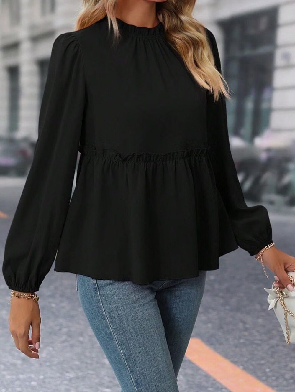 Lantern Sleeve Blouse Frill Trim Ruffle Hem Blouse